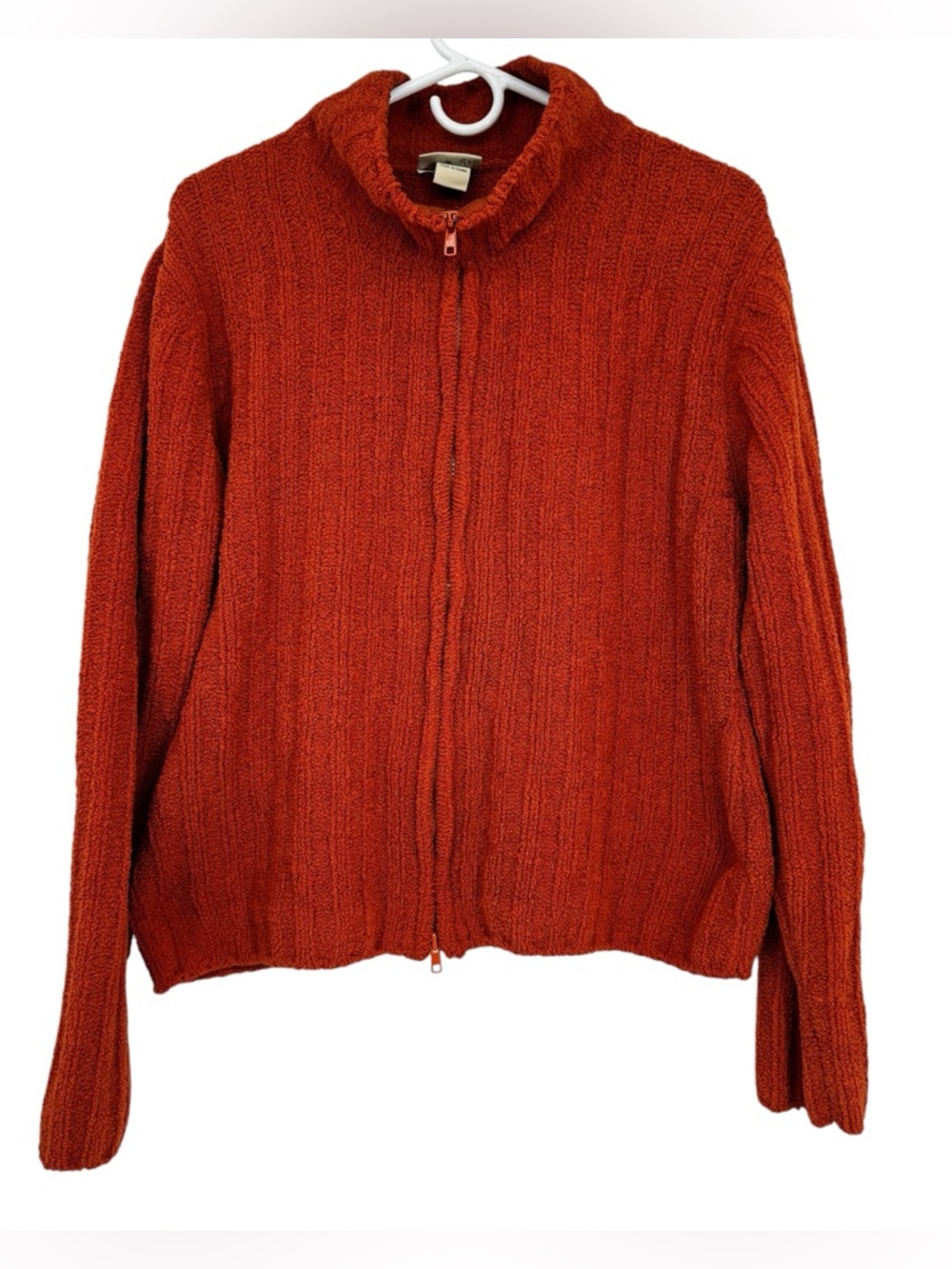 Women’s Sahalie Size Large Burnt Orange Polyester Ribbed Zip Up Chenille Sweater